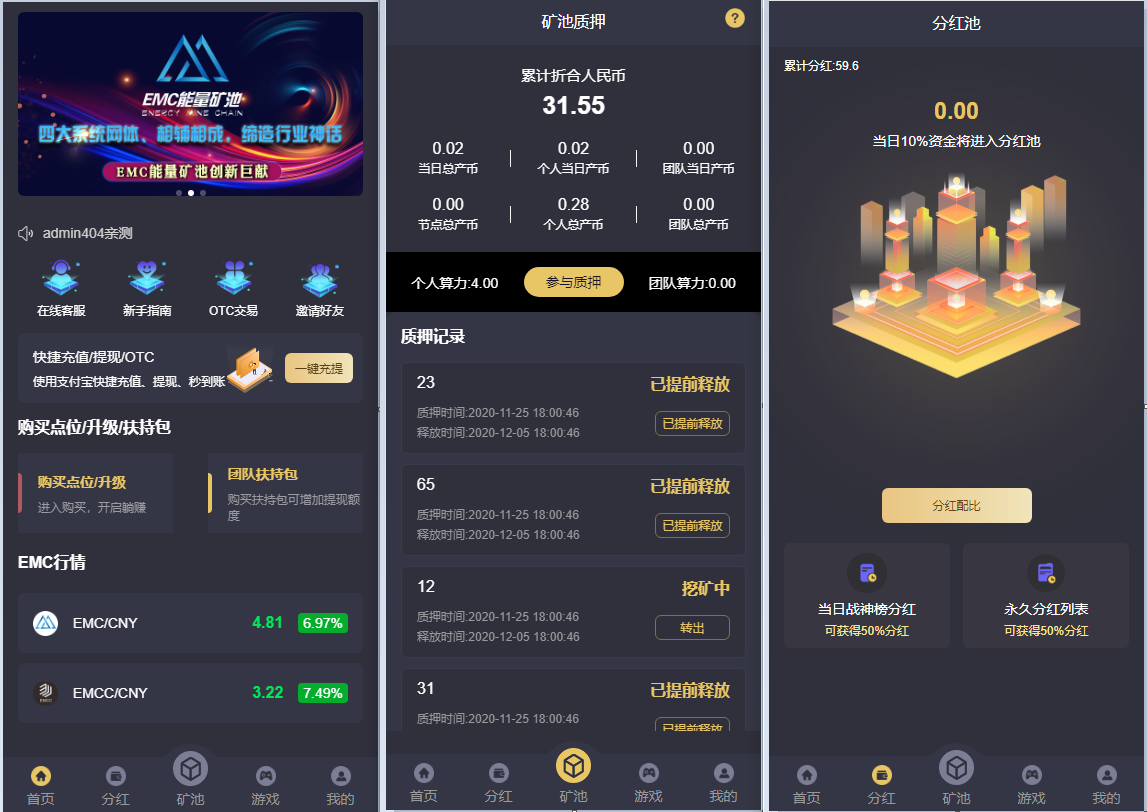【万弘资源】其他站长亲测 EMC交易所挖矿赚钱源码 六层阶梯板块+四套网体系统+通过奖励兑换EMC质押进行挖矿